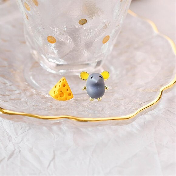 Cute Handmade Mouse Cheese Small Stud Earrings for Women - Asymmetric Cartoon Ra - Picture 3 of 5